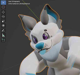 A screenshot of a 3D model of a stylized white and gray dog.