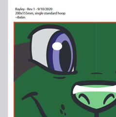 A printout showing a draft of the machine embroidered face of a stylized red panda.