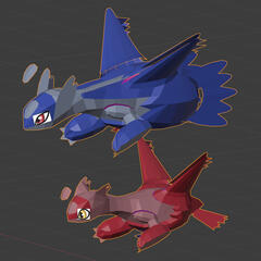 A screenshot of 3D models of two flying dragons; one red, and one blue.
