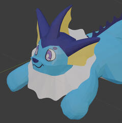 A screenshot of a 3D model of a smiling bright blue axolotl-cat hybrid.